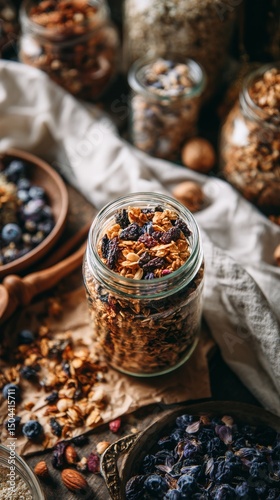 Granola in Jars on a Wooden Surface With Scattered Pieces and Natural Lighting