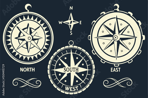 A vector set of compasses with a compass rose provides essential guidance for north, east, south, and west navigation, travel, and exploration
