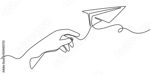 Hand launches into the sky airplane isolated on white background. continuous line illustration. one line vector. concept of traveling, start up, Paper plane icon line continuous drawing vector.