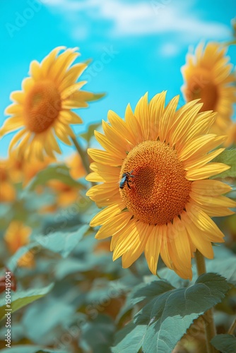 Beautiful Sunflowers Blooming on a Sunny Day With a Bee Collecting Nectar in ...
