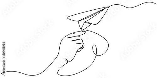 Hand launches into the sky airplane isolated on white background. continuous line illustration. one line vector. concept of traveling, start up, Paper plane icon line continuous drawing vector.