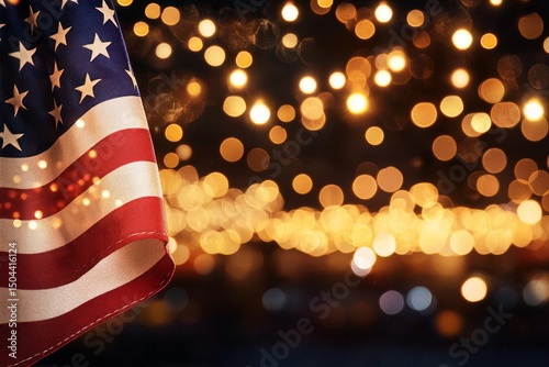 Festive Celebration With American Flag and Sparkling Background During Nightt...