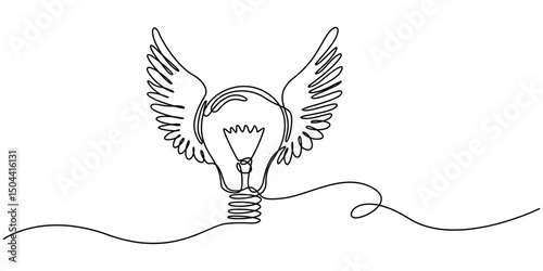 Continuous One line drawing of light bulb with wings. Creative power concept, Single continuous line drawing flying light bulb with wings. Imagination, inspiration, fantasy icon. Knowhow sign.