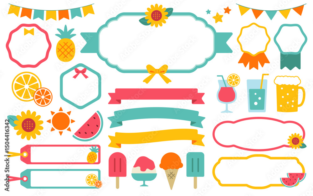 Fototapeta premium Summer Decoration Set with Ribbons, Fruits, Frames, and Ice Cream