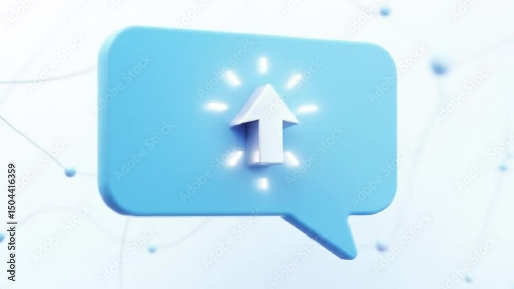 Upload arrow 3d icon downloading interface isolated on white background of blue speech bubble message symbol concept or load online file storage folder and save document cloud internet browser sign.