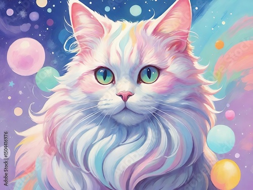 Majestic white cat with colorful fur and bright green eyes, surrounded by a dreamy cosmic background with floating orbs and stars.