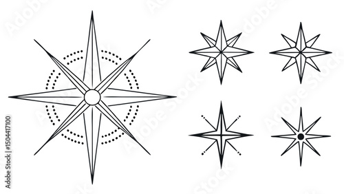 Black and white vector illustration of a compass rose with a star, perfect for a nautical navigation icon or travel map design