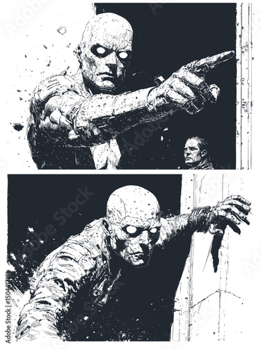 Vector comic art: two panels of a bald, menacing figure with glowing eyes. He points then reaches from darkness. Gritty black & white horror style.