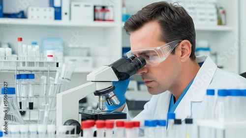 Scientist Using Microscope in Lab Conducting Research Experiment