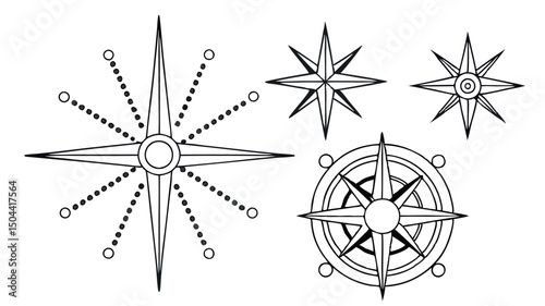 This vector set features a compass rose icon with a star, map, and wind directions for nautical navigation and travel adventure
