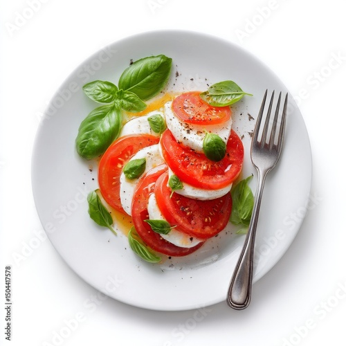 Fresh Tomato and Mozzarella Salad Served on a White Plate With Basil and Oliv...