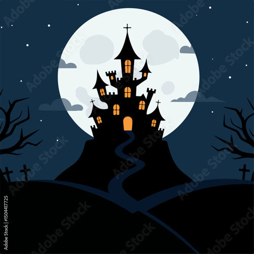 Spooky Halloween castle silhouette on hill under full moon. Halloween scene includes spooky castle with glowing windows and bare trees.  Perfect Halloween illustration for greeting cards, party invita