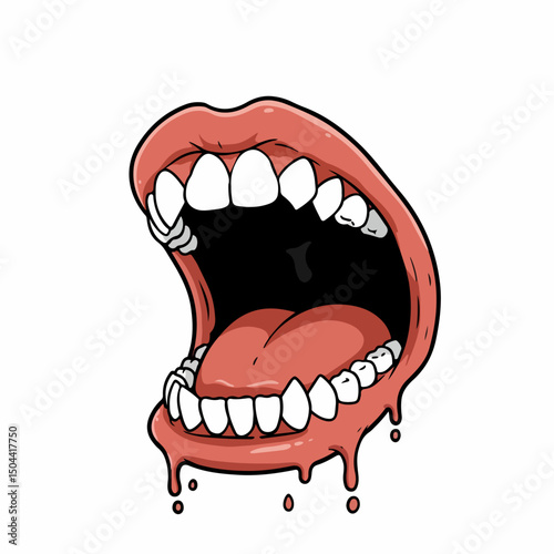 Open mouth with fangs and dripping saliva.  Detailed illustration shows sharp teeth, pink lips, and red tongue.  Graphic image perfect for Halloween themed designs and scary movie posters.