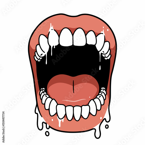 Open mouth with sharp teeth and dripping saliva. Illustration shows human mouth with fangs, saliva dripping down. Graphic image perfect for Halloween themed designs, horror movie posters or medical il