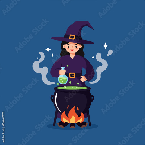 Halloween witch stirring potion in cauldron over fire.  Friendly witch wearing purple robe and hat adds ingredients to bubbling green potion.  Cute Halloween illustration perfect for seasonal greeting