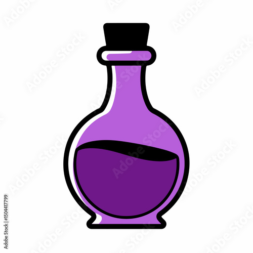Purple potion bottle with cork stopper.  Round glass bottle filled with dark purple liquid.  Simple illustration of magic potion for Halloween or Christmas cards.  Perfect for holiday designs and medi