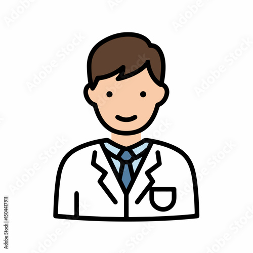 Smiling doctor in white coat and tie.  Professional medical illustration of happy doctor perfect for healthcare websites or brochures. This friendly doctor icon is ideal for clinic branding and medica
