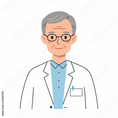 Friendly senior doctor portrait. Experienced physician in white coat with name tag.  Professional medical illustration perfect for healthcare websites or brochures. This image is ideal for medical mar