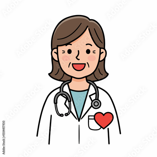 Smiling female doctor with stethoscope and heart icon on her lab coat.  Friendly doctor shows care and compassion. This illustration is perfect for medical websites, brochures, or health publications.
