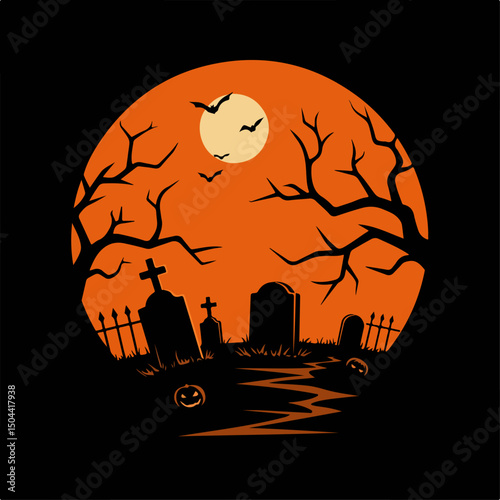 Halloween graveyard scene with spooky silhouettes of tombstones, crosses, and bare trees set against an orange moonlit sky.  This eerie Halloween illustration features classic Halloween symbols perfec