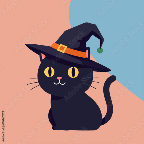 Cute black cat wearing witch hat for Halloween. Halloween cat illustration features adorable feline in pointy hat with orange buckle. Festive Halloween design perfect for greeting cards, invitations