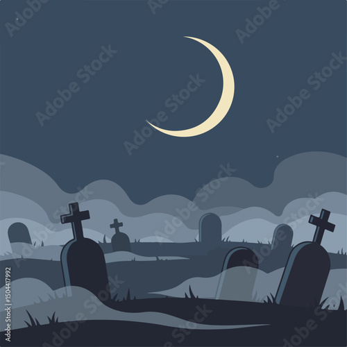 Spooky Halloween graveyard scene with tombstones under crescent moon. Night Halloween landscape features old crosses and graves in misty graveyard. Halloween illustration perfect for spooky cards or i