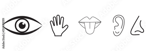 Five human senses editable stroke outline icons set isolated on white background flat vector illustration. Simple line icons and black circle. Five senses of human nervous system. Vector illustration.