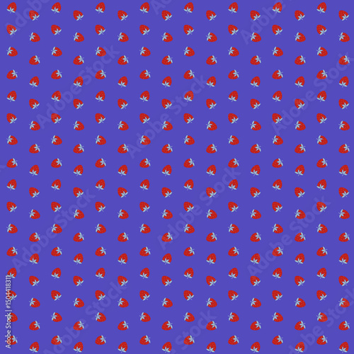 Seamless pattern with red strawberry and blue leaf. Playful summer fruit design with simple shapes. Perfect for fabric, wallpaper, wrapping, stationery, packaging and decor.