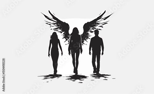 Silhouettes of individuals with angelic wings representing diversity and connection.