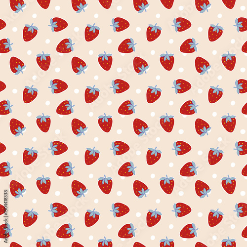 Seamless pattern with red strawberry and blue leaf. Playful summer fruit design with simple shapes. Perfect for fabric, wallpaper, wrapping, stationery, packaging and decor.