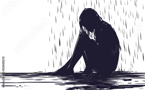 Silhouette of a young woman sitting alone in the rain, conveying deep emotions.