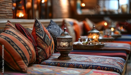 Cozy arabic lounge area with pillows and lantern, creating an inviting atmosphere