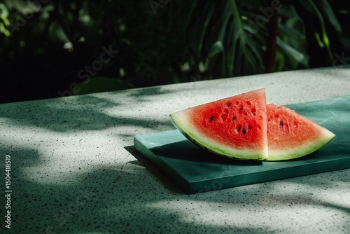 Fresh Watermelon Slices on a Green Cutting Board in a Bright Kitchen During S...