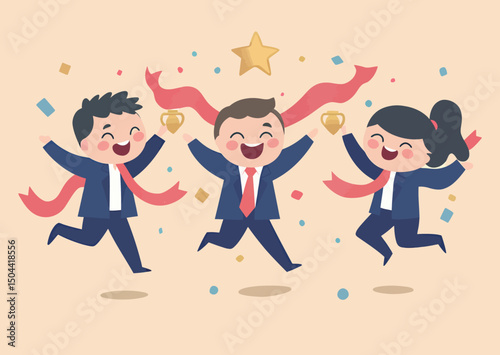 Celebrating teamwork and success, three cheerful professionals rejoice in victory.