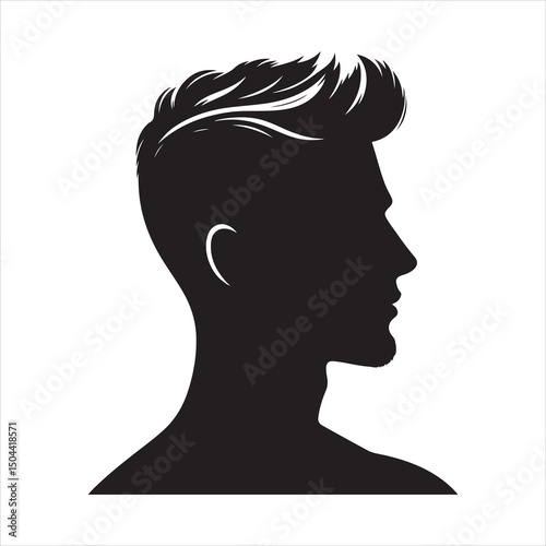Black silhouette of a modern men's hairstyle with sharp edges, clean lines on a pure white background 