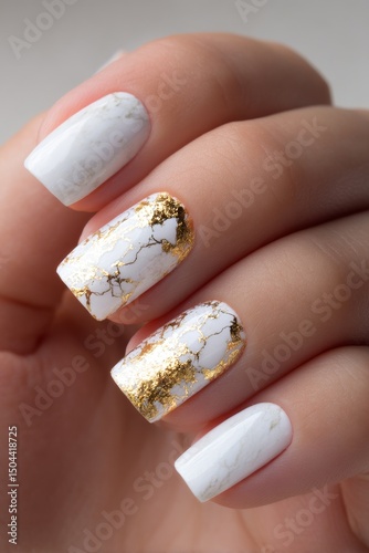 Elegant White and Gold Nail Design Showcasing Intricate Detailing and Modern ...