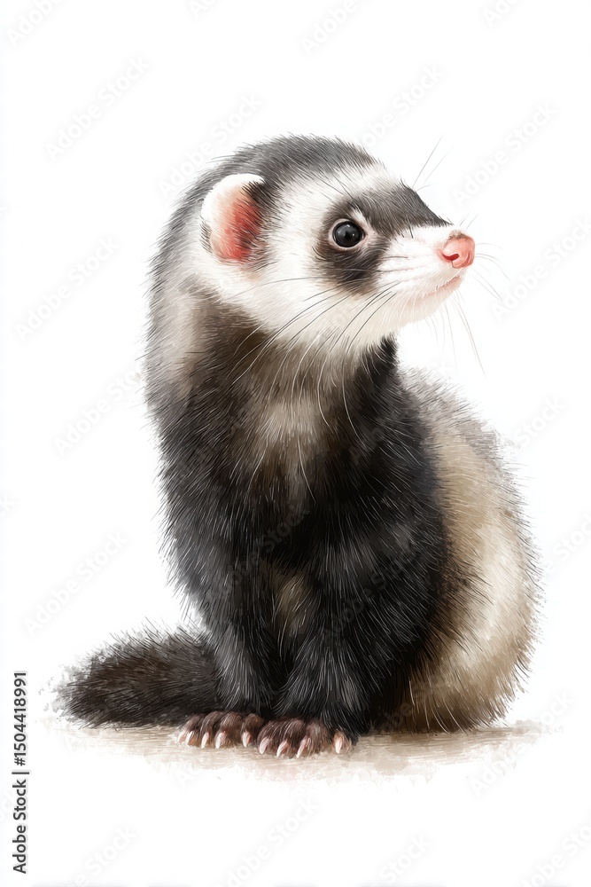 Cute Ferret Portrait with Soft Fur and Bright Eyes on White Background