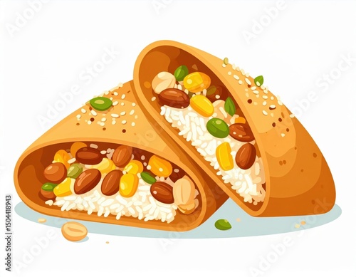 Colorful Burrito Illustration With Rice, Beans, Nuts And Seeds