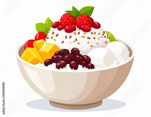 Colorful Dessert Bowl With Fruits And Red Beans