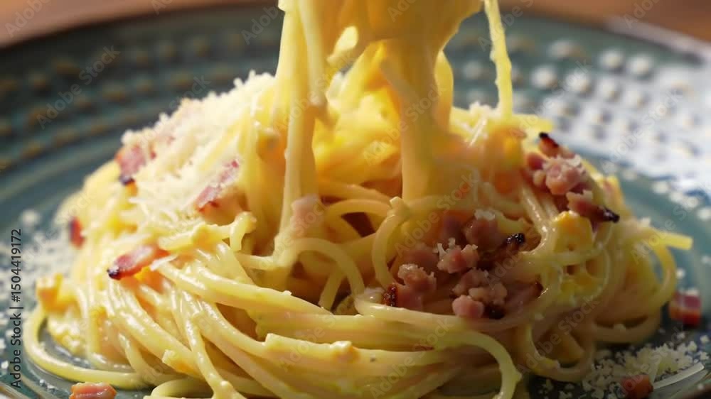 Pasta carbonara being rolled on a fork, with freshly grated parmesan cheese sprinkled on top of the spaghetti.