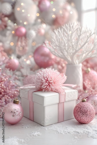 Gift Package Wrapped With Pink Ribbon on a Softly Decorated Table for a Festi...