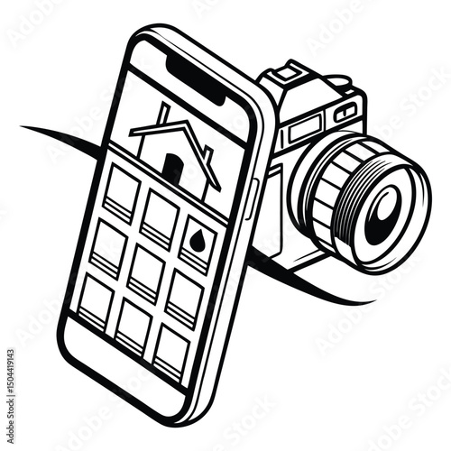 Smartphone displaying real estate app next to vintage camera in black and white illustration