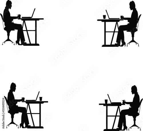 Four Silhouette Images of a Woman Working at a Desk with Laptop