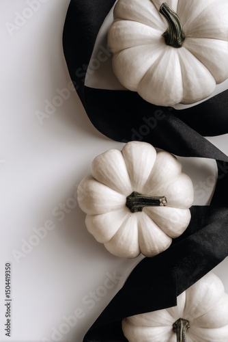 White Pumpkins Arranged With Black Ribbon for Autumn Decor Display