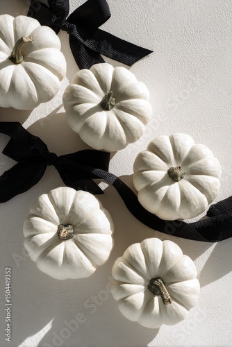 Seasonal Decoration With White Pumpkins and Black Ribbon on Neutral Background