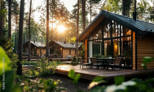 Cozy Wooden Cabins Nestled in a Forest During Sunset With Sunlight Filtering ...