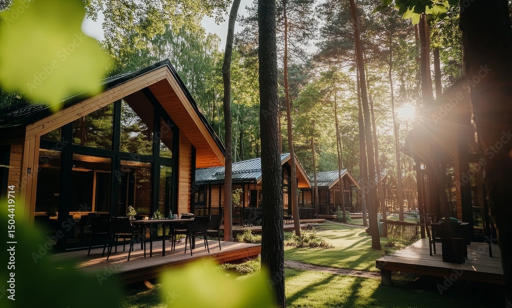 Fototapeta premium Cozy Wooden Cabins Nestled in a Serene Forest During Golden Hour Lighting