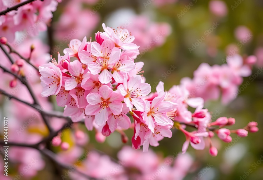 Fototapeta premium Delicate pink cherry blossoms in full bloom against a softly blurred natural background, floral background, cherry blossoms