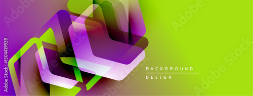 Abstract geometric shapes overlap, creating vibrant color gradients. Yellow, purple, green hues dominate design. Modern, dynamic composition.