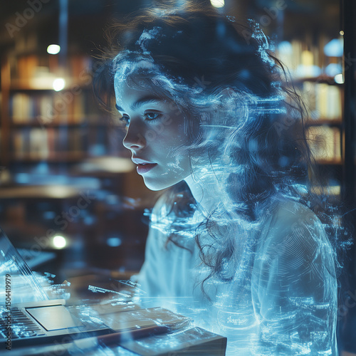 Woman Working on Laptop with Digital Overlay